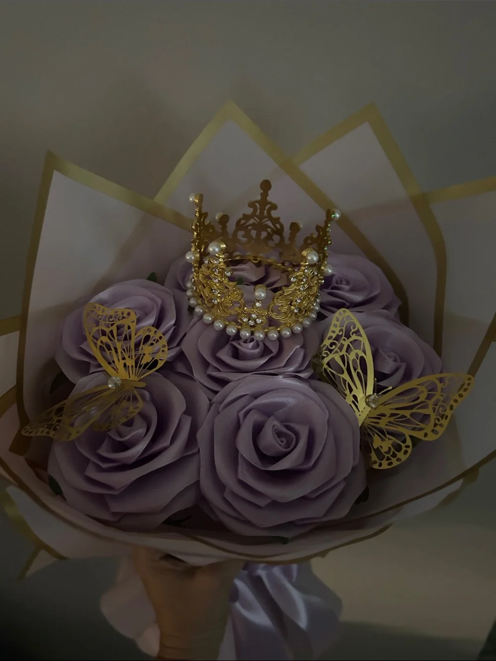 Hand Crafted Lavender Floral Crown with Gold and Pearl Accents